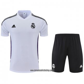 Chandal del Real Madrid 22-23 Manga Corta Blanco y Purpura - Pantalon Corto